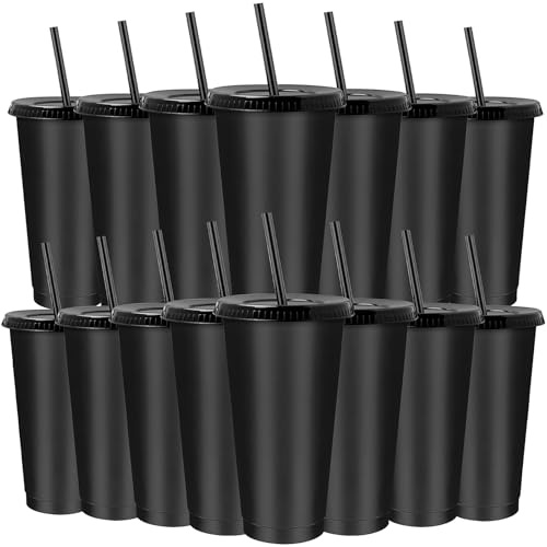 Xaztr 15 Pcs Plastic Tumbler with Reusable Straw and Lid, 24 oz Reusable Iced Coffee Cups Travel Party Cups for Smoothie Juices Coffee Cold and Hot Drinks, Black