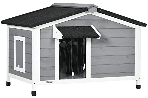 PawHut Wooden Dog Kennel Outdoor, Elevated Dog House for Outside, with Openable Top, Asphalt Roof, Windows, Curtain, Removable Tray, Adjustable Legs, 65H x 97L x 72Wcm, Grey