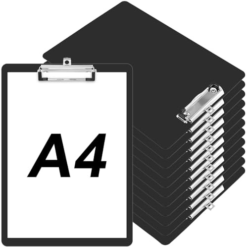 HEIYUET 12 Stück Klemmbretter A4 Schwarz, Schreibbrett Klemmbrett A4 Plastik mit Metallklemme und Aufhängeose, Kunststoff Zwischenablage Schreibblock Schreibplatte a4 Clipboard für Büro, Restaurant