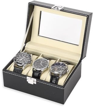 Coztie Uhrenbox mit 3 Fächern, Uhrenkasten mit Glasdecke, Uhrenkoffer mit Herausnehmbaren Uhrenkissen, Uhren Aufbewahrungsbox Premium-Uhrenschatulle für Geschenk für Boyfriend Ehemann Schwarz