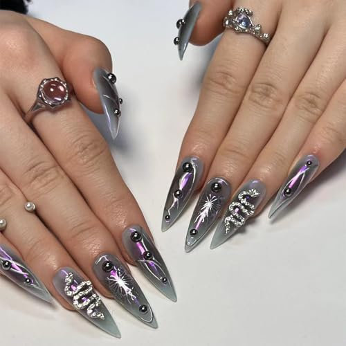 GlamRays 24 Stück Press on Nails Long Stiletto Fake Nails, Glanz, Kleben Nägel, Goth Schwarz Ombre, Acrylnägel, Mandeln, Künstliche Nägel, Gothic Schlange, Strass, Falsche Nägel