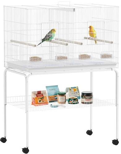 PawHut Gabbia per uccelli con divisorio Voliera con ruote 4 mangiatoie 4 posatoi e vassoio rimovibile Gabbia per pappagalli per canarini parrocchetti 94x57x128 cm Bianco