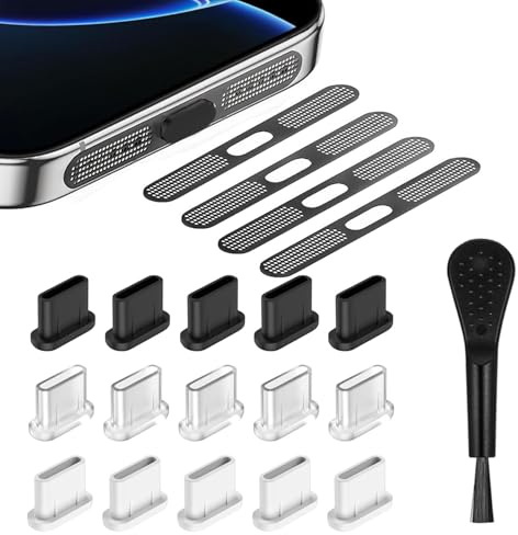 RXKFIGX 15-Pack USB-C Dust Protection Plugs, Type-C Charging Port Cover - for All Type C Devices, 4-Pack Earphone Speaker Mesh - Phone Accessories for iPhone 16/iPhone 15, with Plastic Cleaning Brush
