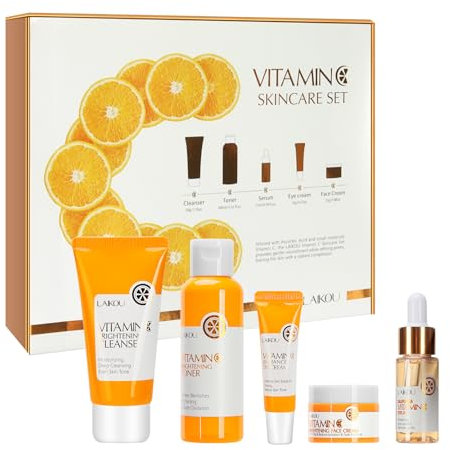 HochoLii Set Regalo da Viaggio per la Cura del Viso – 5 Pezzi: Detergente, Tonico, Siero alla Vitamina C, Contorno Occhi, Crema Viso