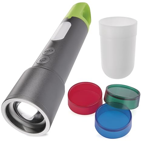 EMOS - aufladbare LED-Metall-Taschenlampe mit Zoom - 8 Lichtmodi - stoßbeständig, wasserdicht - superhell bis 600lm, max. 350m - 4 Aufsatzkappen - für Haus und Outdoor - grau