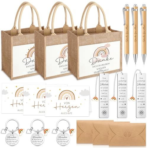Tenare 3 Sets Abschiedsgeschenk für Lehrerin Enthalten Jutetasche im Böhmischen Regenbogen Lesezeichen Schlüsselanhänger mit Regenbogenanhänger Kugelschreiber Grußkarten Briefumschläge Lehrergeschenk