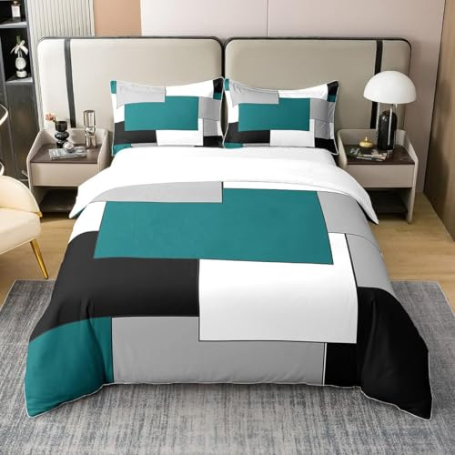 richhome Enfants Turquoise Géométrique Coton Ensemble de literie Art carré Moderne Housse de Couette 140x200cm pour Les Femmes Hommes Chambre Noir Gris Blanc Décor Parure de Lit Géométrie