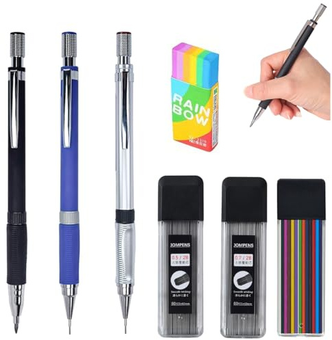 MROOFUL Juego de 3 lápices mecánicos de 0,5/0,7/0,9 mm, 3 lápices de embrague para dibujo artístico, escritura, bocetos, con 3 tubos de recambio 2B, borrador, sacapuntas y soporte de plomo de