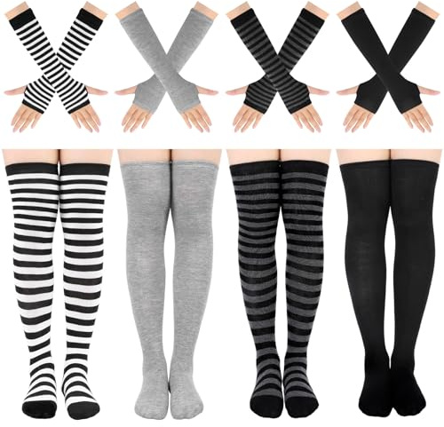 Zuimei 4 Pairs Thigh High Socks and 4 Pairs Arm Warmers Set, Long Fingerless Gloves, 4 Pairs Striped Thigh High Socks, for Women Girls