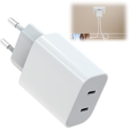 Multiple Secteur USB C 20W, Bloc Chargeur USB C avec Double USBC, Chargeur Rapide pour iPhone 16/16 Pro/16 Pro Max/15/14/13/12/11 Plus Mini SE X XS XR, Samsung Galaxy, Tablette