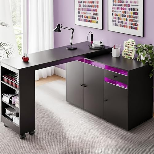 HolaiNail L-Shaped Manicure Table with Storage Cabinet, Drawer & Shelf, Rotating & Convertible Nail Tech Desk, Modern Nail Salon Table with LED Light, Black