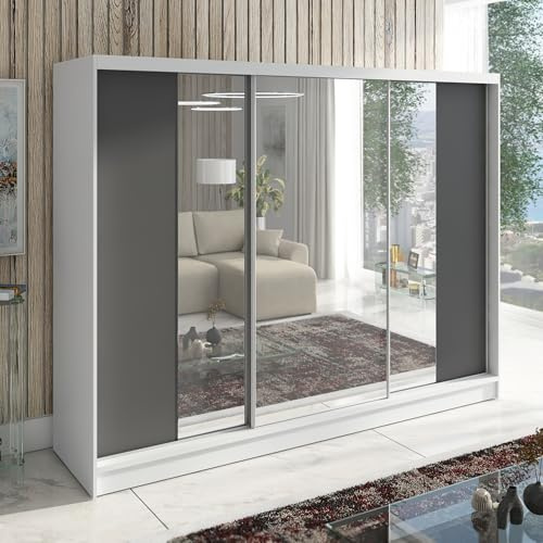 A&J MöbelLand Schwebetürenschrank VIDA Kleiderschrank 3-türig mit Schubladen und Spiegel, Garderobe 200 cm (Weiß)