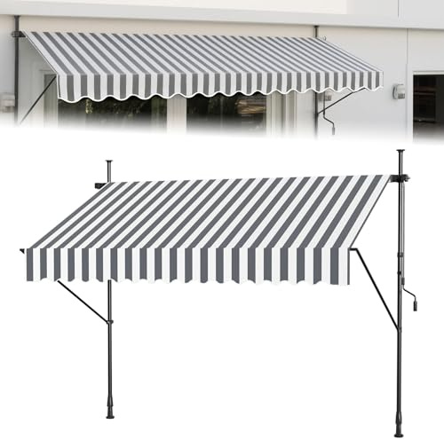 ACXIN Klemmmarkise Balkon, UV-beständig höhenverstellbar Einziehbar Klemmmarkise mit Handkurbel Höhenverstellbar, ohne Bohren, Polyester, 250 x 120 cm, Grau-weiße Streifen