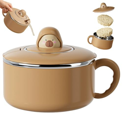 Odoukey 1200ml Instant Noodle Bowl with Handles, Capybara Ramen Bowl with Lid & Spoon, 304 Stainless Steel Ramen Cooker for Soup and Noodles