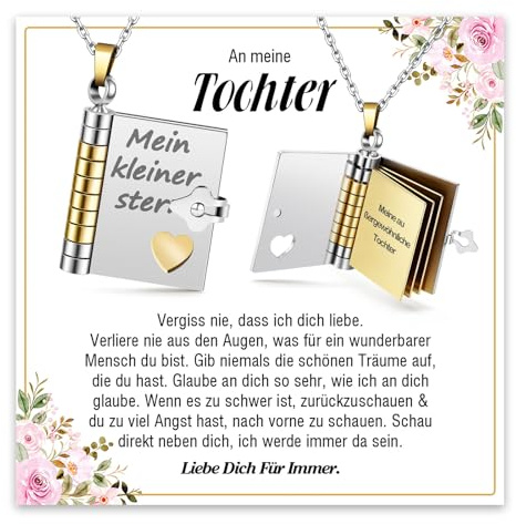 YIBONIKA Geschenk für Tochter, An meine Tochter Halskette, Buch-Anhänger Kette mit Gravur Halskette Geschenkevon Mama und Papa zum Geburtstag Abschluss Einschulung Geschenkideen Weihnachten