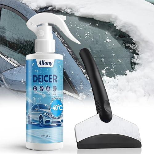 Allony Car Deicer Spray, 250ML Windscreen Deicer, Car de Icer Spray, Deicer Scraper, 2 in 1 Pre-Icer & De-Icer, Fast Ice Snow, Prevents Overnight Freezing, De-icer, Car de Icer Kit