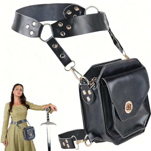 CALFOVERA 3 Pieza de Cuero de PU Medieval para Muslo, Pierna, Cadera, Bolsa, Bolso Vintage Renacentista, Conjunto de Riñonera Gótica de Cuero Negro, Bolsa de Cinturón Pirata, Bolsa de Cadena