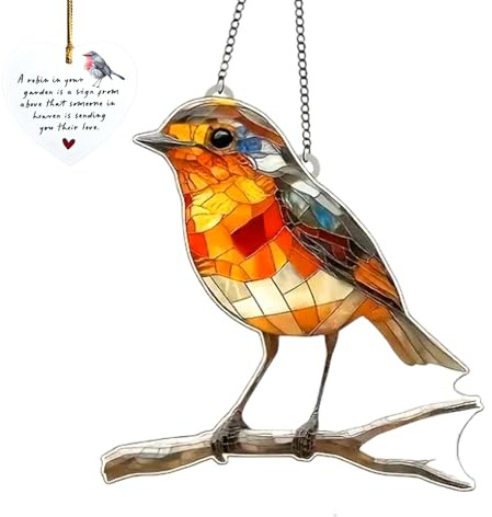 2PCS Robin Suncatcher and Heart Ornament Set, Acrylic Robin Window Suncatcher, Decorative Robins Ornaments for Home Garden Windows Indoor and Outdoor Hanging, Colorful and Charming Bird Suncatchers