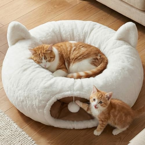 Fayavoo Katzentunnel Rund Weiß mit Katzenbett, Weicher Plüsch Katzen Donut Tunnel Spielzeug mit Waschbarem Kissen, Peekaboo Katzenhöhle Spieltunnel XXL für Indoor Katzen & Haustiere