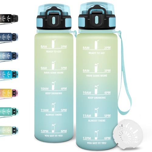 Motswedi Botella agua 1 litro, con Marcador de Tiempo, Botella agua Gimnasio, a Prueba de Fugas, Cantimplora, Cantimplora 1l, para Gym, Deportes, Oficina, Blanco Azul