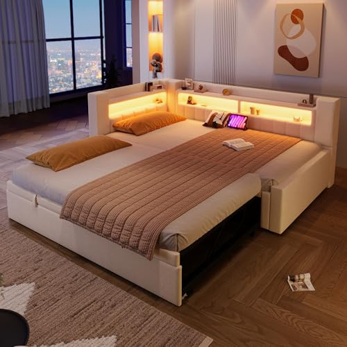 ZIDEY Polsterbett 90/180 x 200 mit LED und USB, Ausziehbares Schlafsofa, Daybett mit Ausziehbett, Sofabett Tagesbett Jugendbett Bettgestell, Leinen, Ohne Matratze, Beige