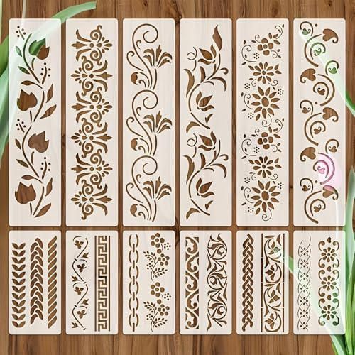 Nivofu 12 Set di Stencil per Pareti Grandi, Motivi Floreali e Foglie Riutilizzabili in PET per Pittura su Legno Muro e Pavimento, Decorazione Scrapbooking