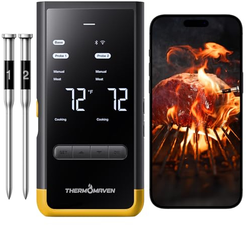 ThermoMaven Kabelloses Bluetooth-Smart-Fleischthermometer: Basisstation, WLAN-Thermometer Mit Sub-1G, 6 Sensoren, NIST-Genaue Messung, 2 Sonden, Für Grill, BBQ, Ofen & Smoker (Zartgelb)
