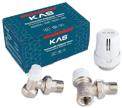KAS Eck-Thermostatset Heizkörperventil mit Rücklaufverschraubung und Thermostatkopf — Messing Eck-Thermostatventil PN10 für Warmwasser-Heizsysteme, Regelbereich +5°C bis +29°C — DN15