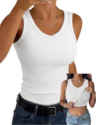 Aottori Débardeur Femme Col en V Haut sans Manches Côtelé Été Top Slim Uni | Doux et respirant, maille côtelée extensible, longueur couvrante, confort quotidien, idéal seul ou sous une veste