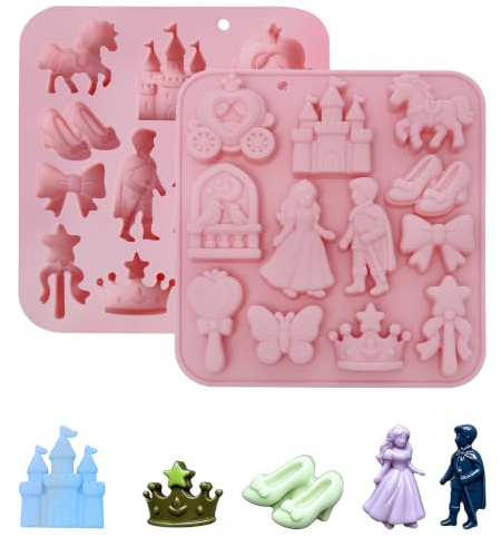 Lot de 2 moules en silicone rose sur le thème des princesses, châteaux et princesses de contes de fées. Moules 3D en silicone pour bonbons, fondant, savons, bougies et autres c
