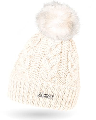 Neverless® Damen Strickmütze Zopfstrickmuster Bommelmütze gefüttert mit Fleece Wintermütze Model 1979 Creme Unisize