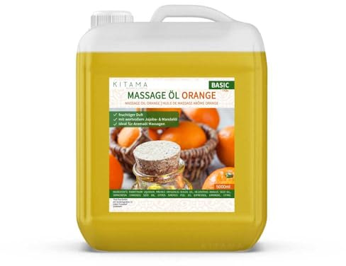 Kitama Massageolja med arom – kroppsolja för massage – vårdande olja – aromolja – närande avslappningsolja – apelsin – 5 000 ml (5 liter)