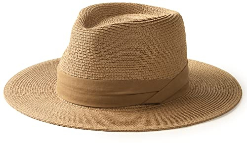 FURTALK Panama Hat Sun Hats for Women Men Wide Brim Fedora Straw Beach Hat UV UPF 80+ Brown