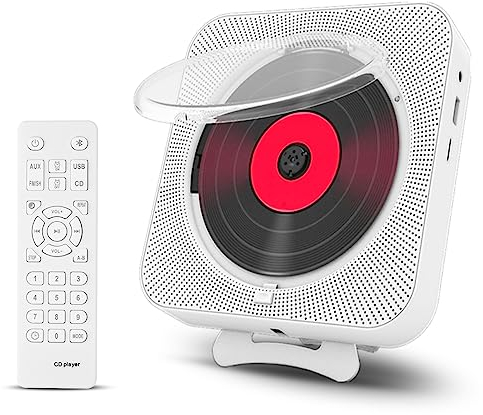 Adirigo Portable CD Player with Bluetooth, Desktop Wall-Mountable CD Players for home Boombox with Hi-Fi Speakers, LCD Display, FM Radio, USB, AUX headphones, TF Card and Remote Control