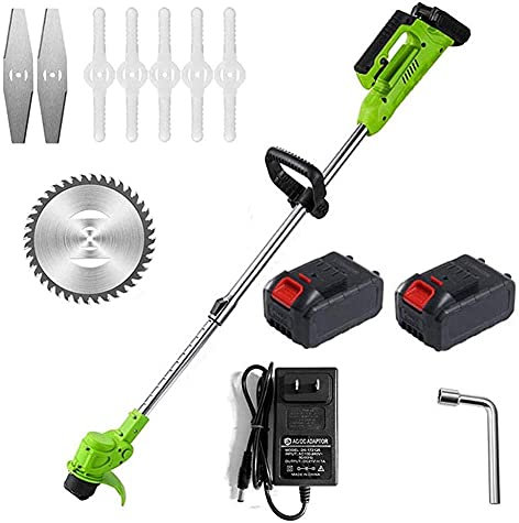 Decespugliatore A Batteria 42V Tagliabordi Elettrici Senza Filo A Batteria Testa Regolabile E Maniglia Telescopica con Lame Metalliche E 2 Batteria per Giardino, Prato Inglese Green