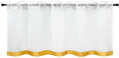HeichkelL Scheibengardine Voile Bistrogardine mit Satinband Kurzstores Tunnelzug Gardinen Küche Vorhang aufgenähte Satinband als Bordüte Orange BxH 140x60 cm