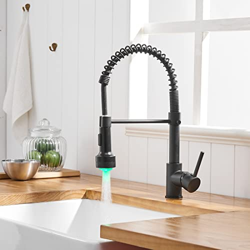 TIMACO LED Black Kitchen Tap with Spiral Spring, Kitchen Tap 360° Swivelling Sink Fittings, Extendible Shower High Pressure
