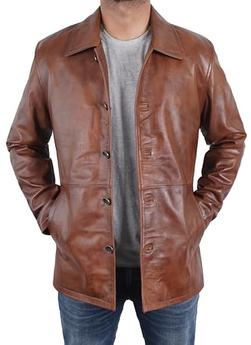 Fashion_First Men's 3/4 Mid Length Casual Brown Real Leather Coat