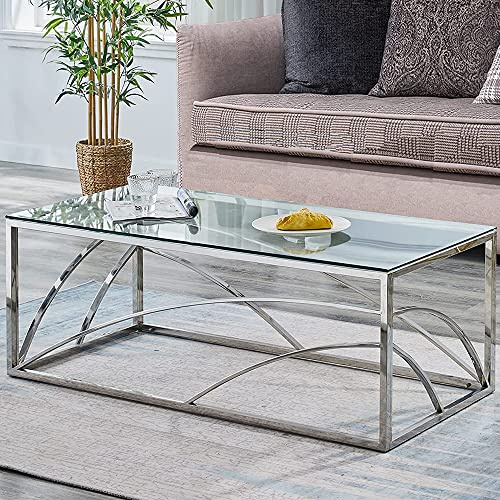 AINPECCA Stainless Steel Rectangular Glass Coffee Table Tea Table for Living Room- 120CM Modern Sleek Accent Center Table Lounge Table with Clear Tempered Glass(Silver)
