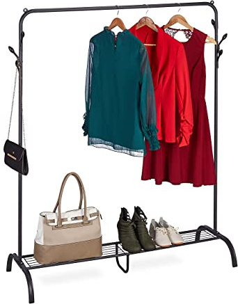 Relaxdays Kleiderständer Metall, Ablage, 6 Haken, schwarz | Kleiderstange Schlafzimmer, HBT: 145x132x44 cm, freistehend