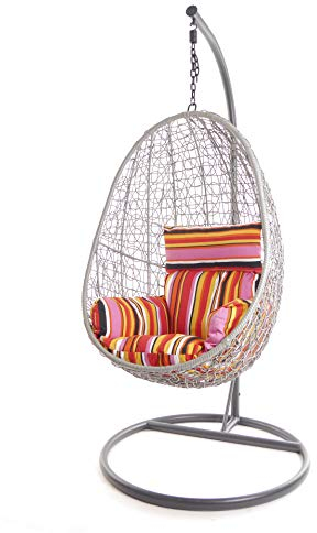 Kideo® Komplettset: Hängesessel mit Kissen und Gestell, Loungemöbel, Swing Chair, Korbsessel. Farbe: grau, Nest-Kissen (Kissen: bunt gestreift (3450 Lollipop))