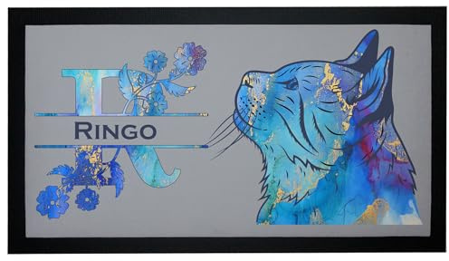 Napfunterlage Katze mit Name Floral-Design blau-Gold Futtermatte