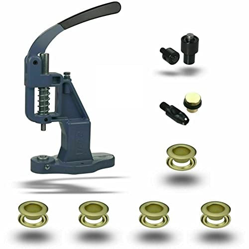 ISTA TOOLS Ösenpresse + 120 Stück (T-1) Ösen + Einsatzwerkzeug mit Lochpfeife, Messing-Ösen, Metallöse, Rundöse mit Scheibe, Messing, rostfrei (8 mm, Gelb)