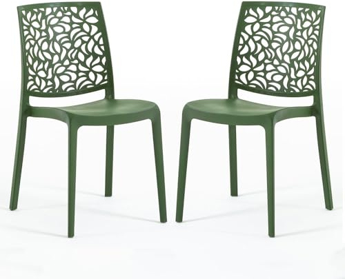 Sillas de resina moderna apilables de polipropileno con fibra de vidrio, para interior, cocina o comedor, exterior y jardín, sillas de restaurante y contract - Anna (2 Sillas, Verde oliva)