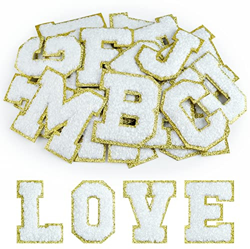 Morcheiong 26 Stück selbstklebende Chenille-Buchstaben-Patches A-Z, zum Aufbügeln für DIY Kleidung, Stoff, Schuhe, Taschen (Weiß)