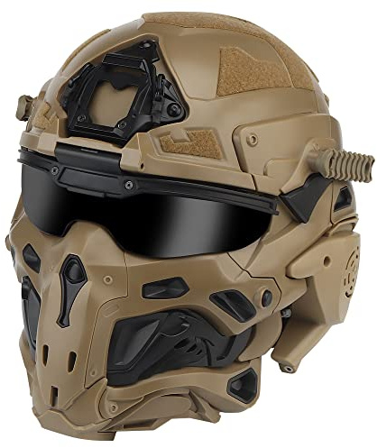 Tactical Full Face Head Helmet with Build in-Headset & Anti-Fog Fan Airsoft Military Fast Helmet Googgle Mask Set Paintall Cosplay (Tan)