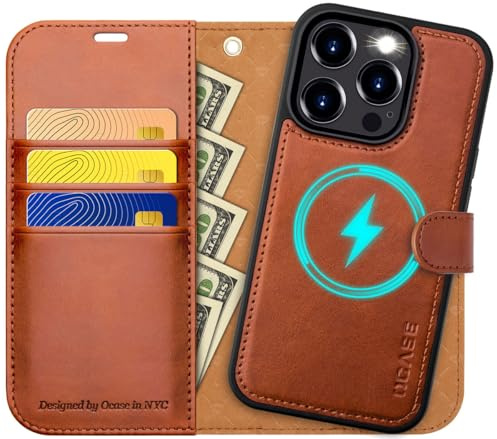 OCASE iPhone 15 Pro Hülle(2in1) Leder Stoßfestes Case [Abnehmbare magnetische Hülle] [Kabelloses Laden] [Kartenfach] iPhone Handyhülle RFID Schutzhülle Etui Klapphülle Braun 6,1 Zoll