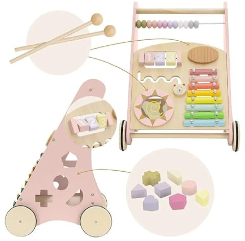 COIL Babywalker Lauflernwagen 3in1, Kinderwagen aus Holz, Lernspielzeug, ab 12 Monaten (Rosa)