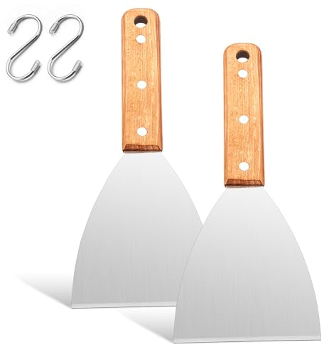 Grillspatel, Joyfair 2 stycken Plancha spatel köksspaffel set, grillspatel i rostfritt stål med trähandtag, pizzaspatel för grillning/kök/matlagning/rengöring, lutande kant och 2 krokar