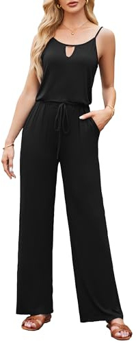 OUGES Women's Summer Jumpsuits UK Sleeveless Overall Black Casual Playsuit with Pockets, L